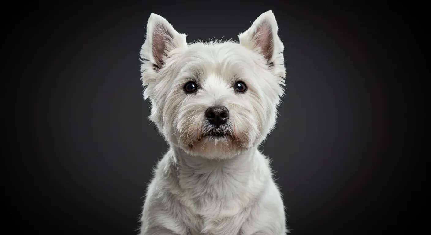 Professional portrait of a West Highland White Terrier centered in frame, showcasing the breed's distinctive white coat and alert expression, relevant to an article about skin health issues in Westies