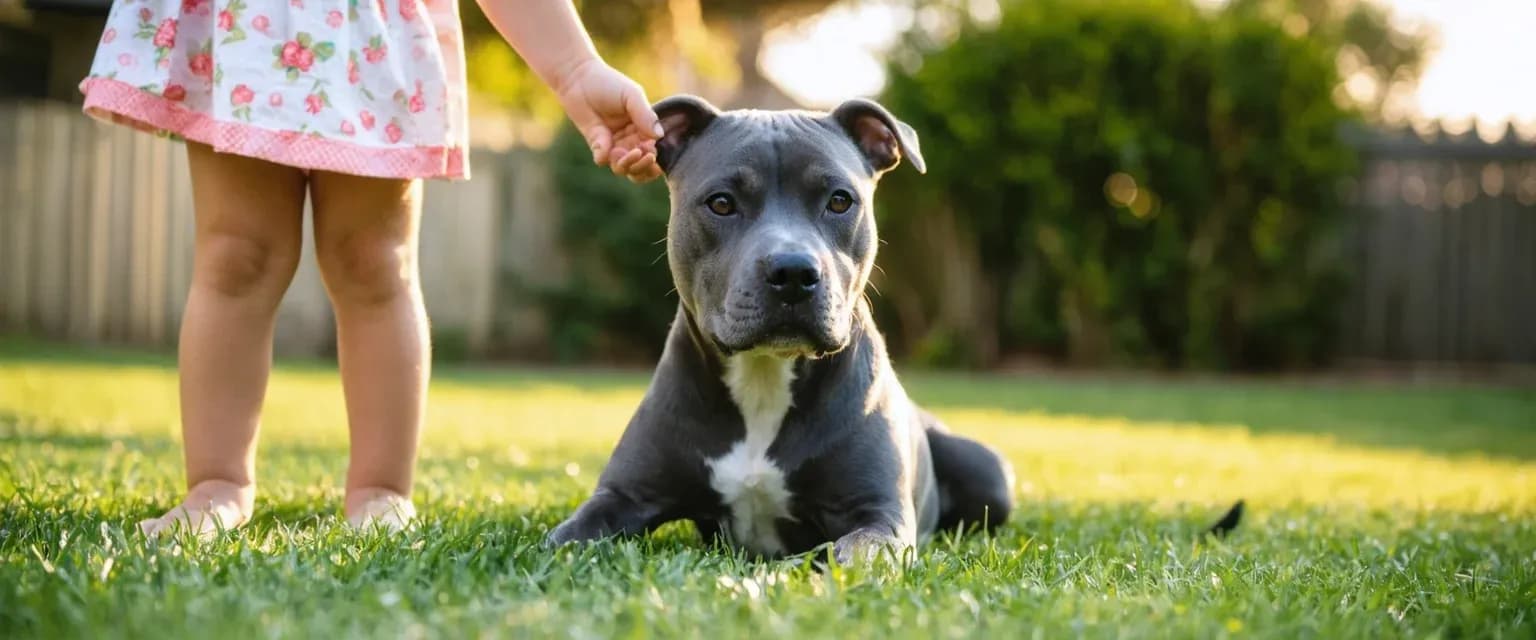 A Staffordshire Bull Terrier sitting calmly with a child's hand on its head, demonstrating the breed's gentle nature with families and children