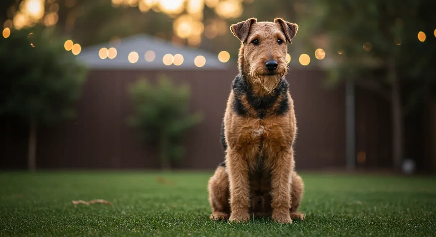 Alert Airedale Terrier sitting centered in frame, demonstrating the intelligent and confident temperament discussed in the training article