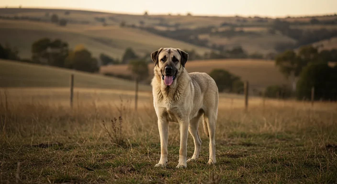 A large Anatolian Shepherd dog standing alertly in the center of an Australian farm setting, demonstrating the breed's impressive size and naturally watchful temperament that makes them effective livestock guardians