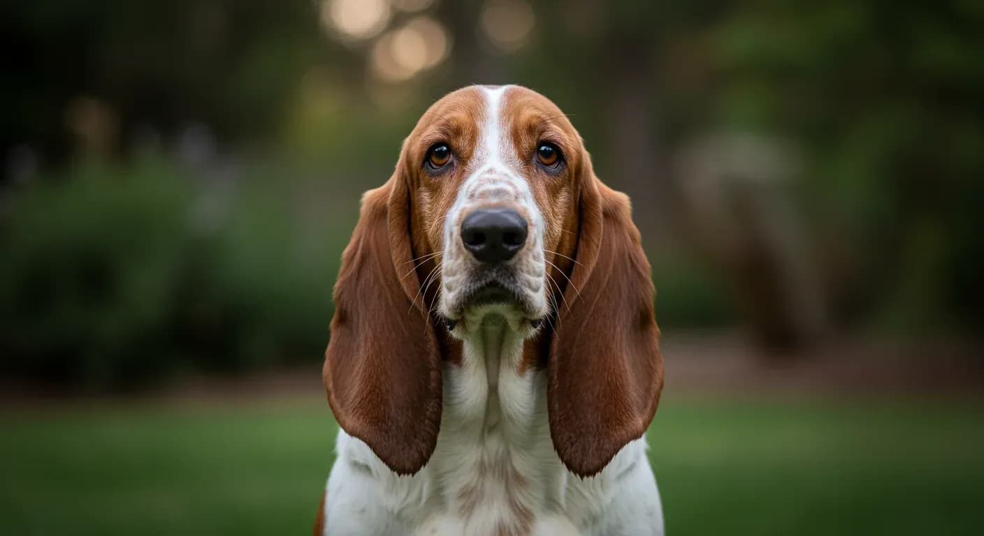 Close-up portrait of a Basset Hound with droopy ears and gentle eyes, representing the breed's friendly yet independent temperament discussed in the article
