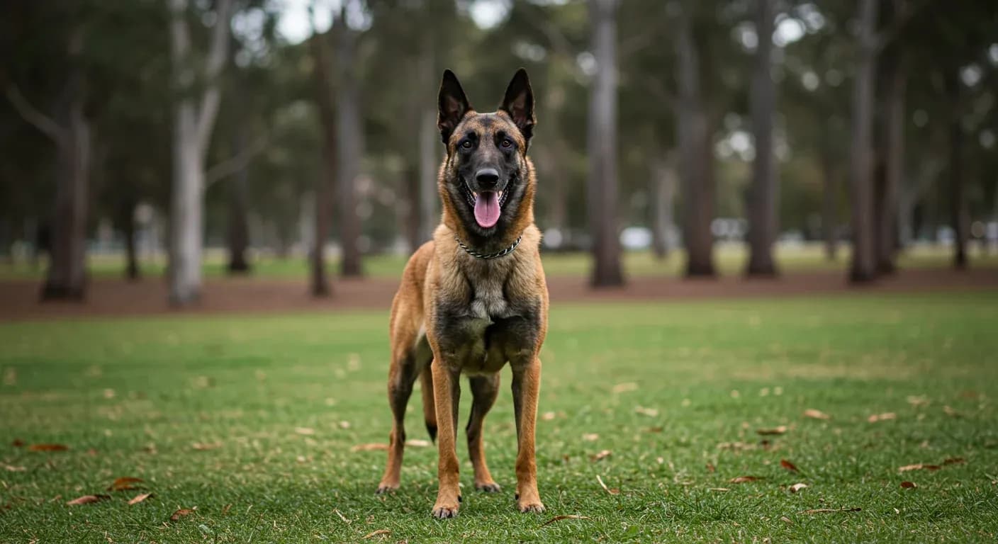 Alert Belgian Shepherd Malinois standing confidently in a park, demonstrating the breed's intelligent and watchful temperament discussed in the article