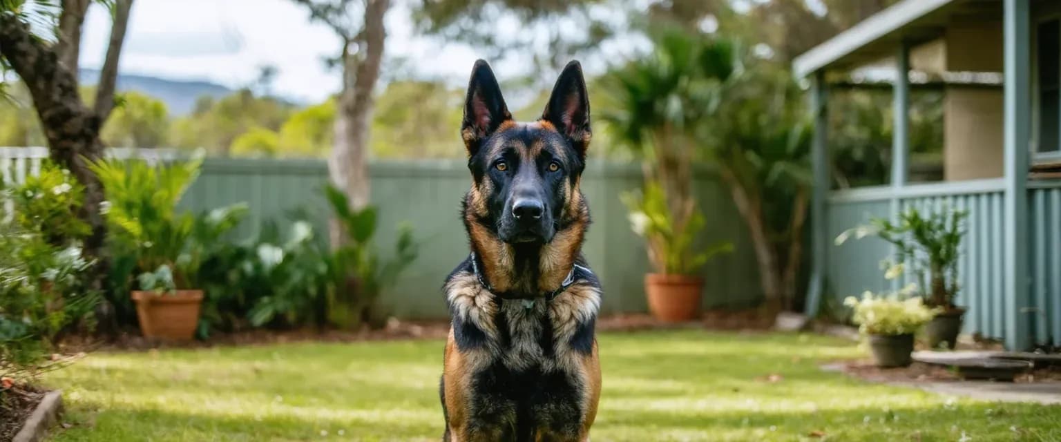 Alert Belgian Shepherd Malinois standing confidently in center of frame in Australian backyard, demonstrating the breed's intelligent and protective temperament discussed in the article