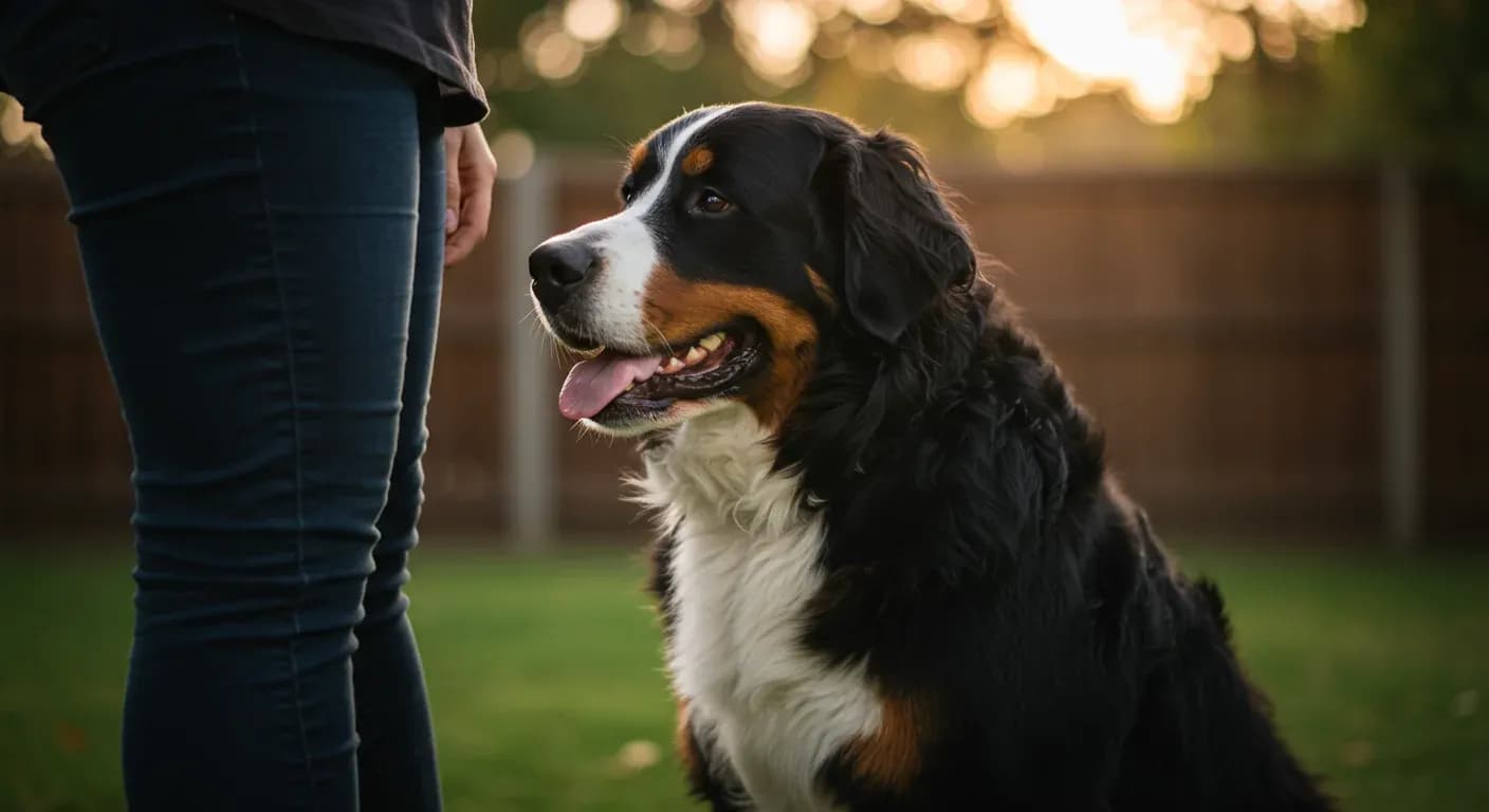 A Bernese Mountain Dog demonstrating the characteristic 'Berner lean' by leaning against their owner, illustrating the breed's affectionate and gentle nature discussed in the temperament guide