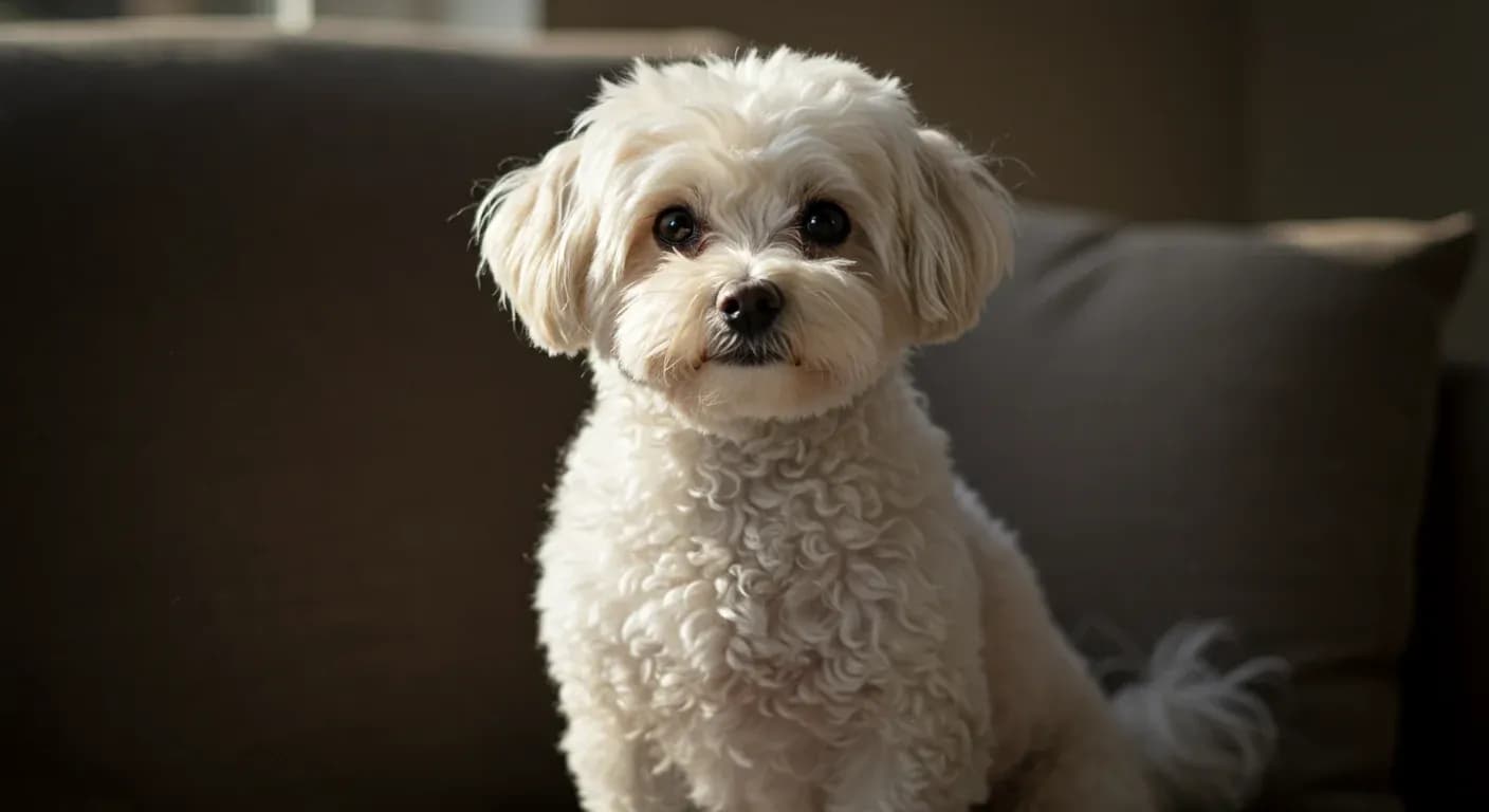 A well-groomed white Bichon Frise with fluffy curly coat sitting in a comfortable indoor setting, showcasing the breed's friendly temperament and distinctive appearance