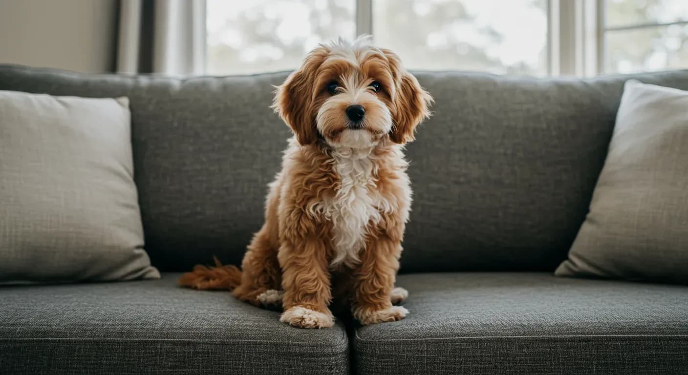 A friendly Cavoodle dog with fluffy cream-colored coat sitting on a living room sofa, demonstrating the breed's sweet and social temperament discussed in the article