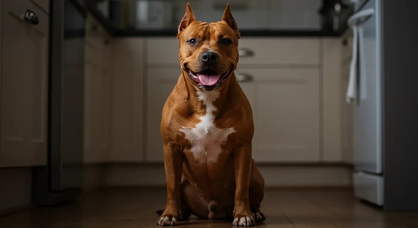 A healthy American Staffordshire Terrier sitting in a kitchen setting, representing the article's focus on dietary needs and food allergies in this breed