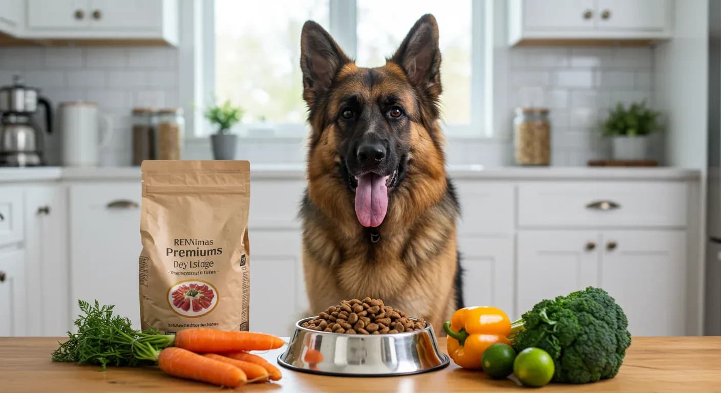 German Shepherd dog sitting beside a food bowl with kibble and fresh vegetables in a modern kitchen, illustrating proper nutrition and diet for the breed