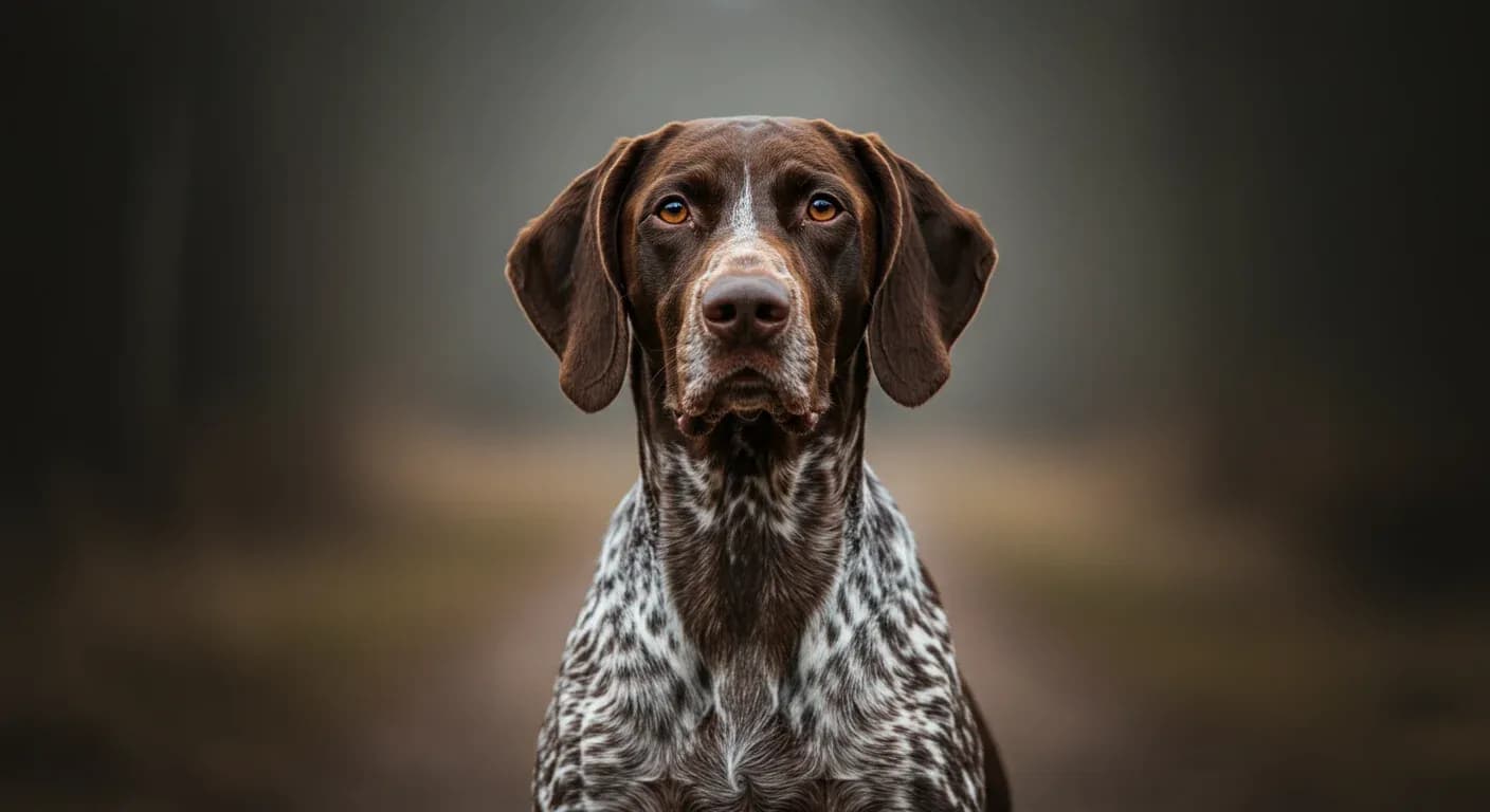 Professional portrait of a German Shorthaired Pointer with distinctive liver and white coat, centered in frame, showcasing the breed's alert and friendly expression that represents their temperament