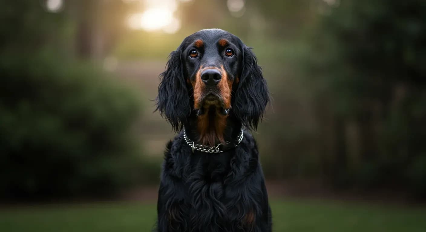 A Gordon Setter sitting attentively and looking at the camera, showcasing their intelligent expression and distinctive black and tan coat that represents their loyal family companion nature