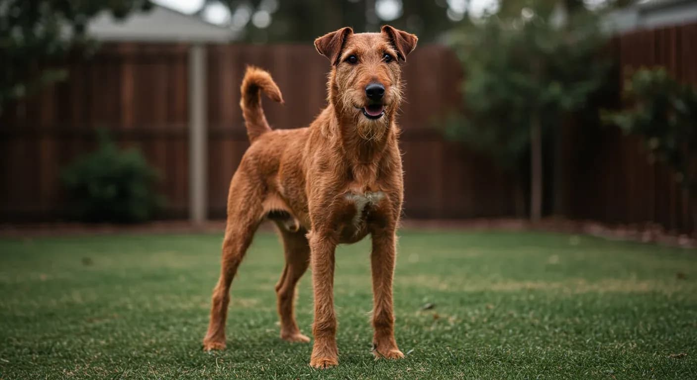 Alert Irish Terrier with characteristic red wiry coat standing confidently in an Australian backyard, demonstrating the breed's fearless and independent temperament discussed in the training guide