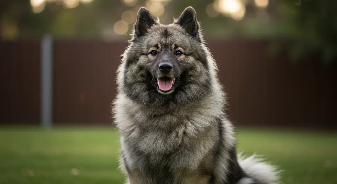 A centered portrait of a friendly Keeshond dog showcasing the breed's characteristic fluffy coat and intelligent expression, representing their social and companion nature discussed in the temperament guide
