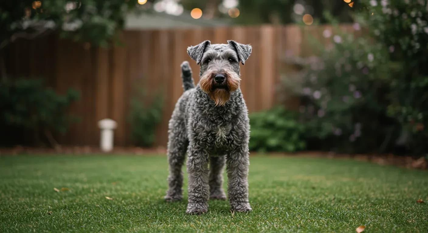 Kerry Blue Terrier with characteristic blue-grey coat standing confidently in backyard, demonstrating the breed's alert and independent nature discussed in the temperament guide