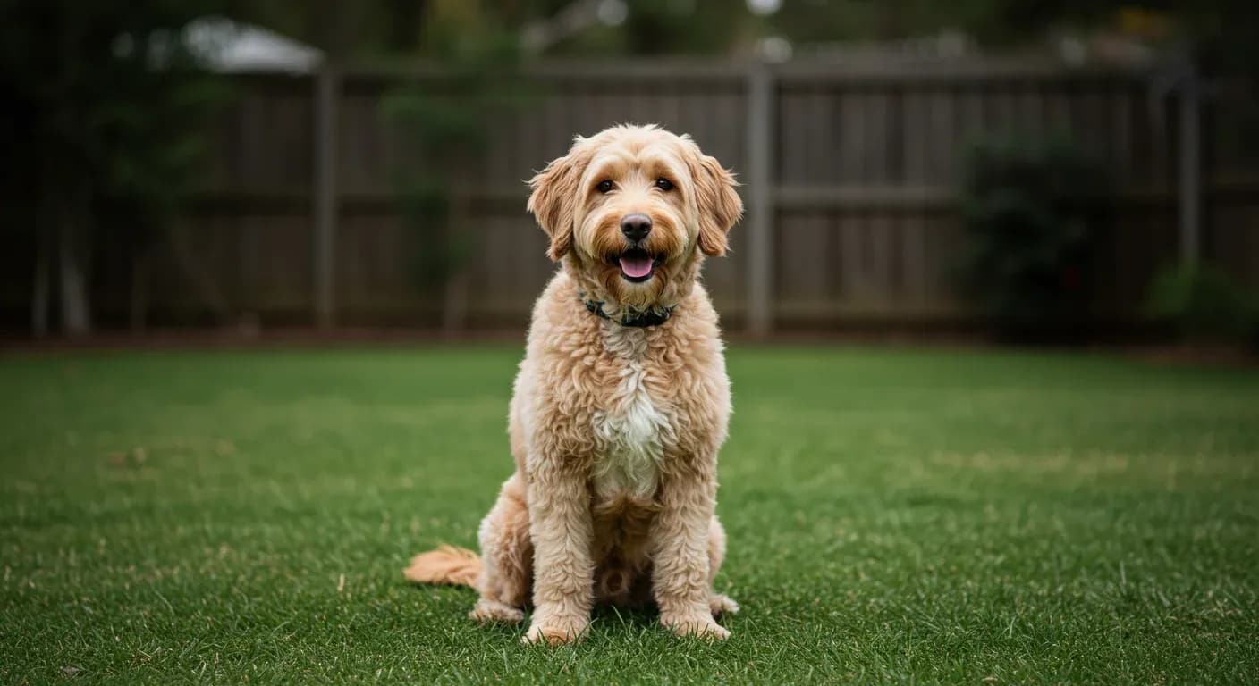 A friendly Labradoodle with wavy cream coat sitting on grass, demonstrating the breed's characteristic gentle and intelligent temperament discussed in the article