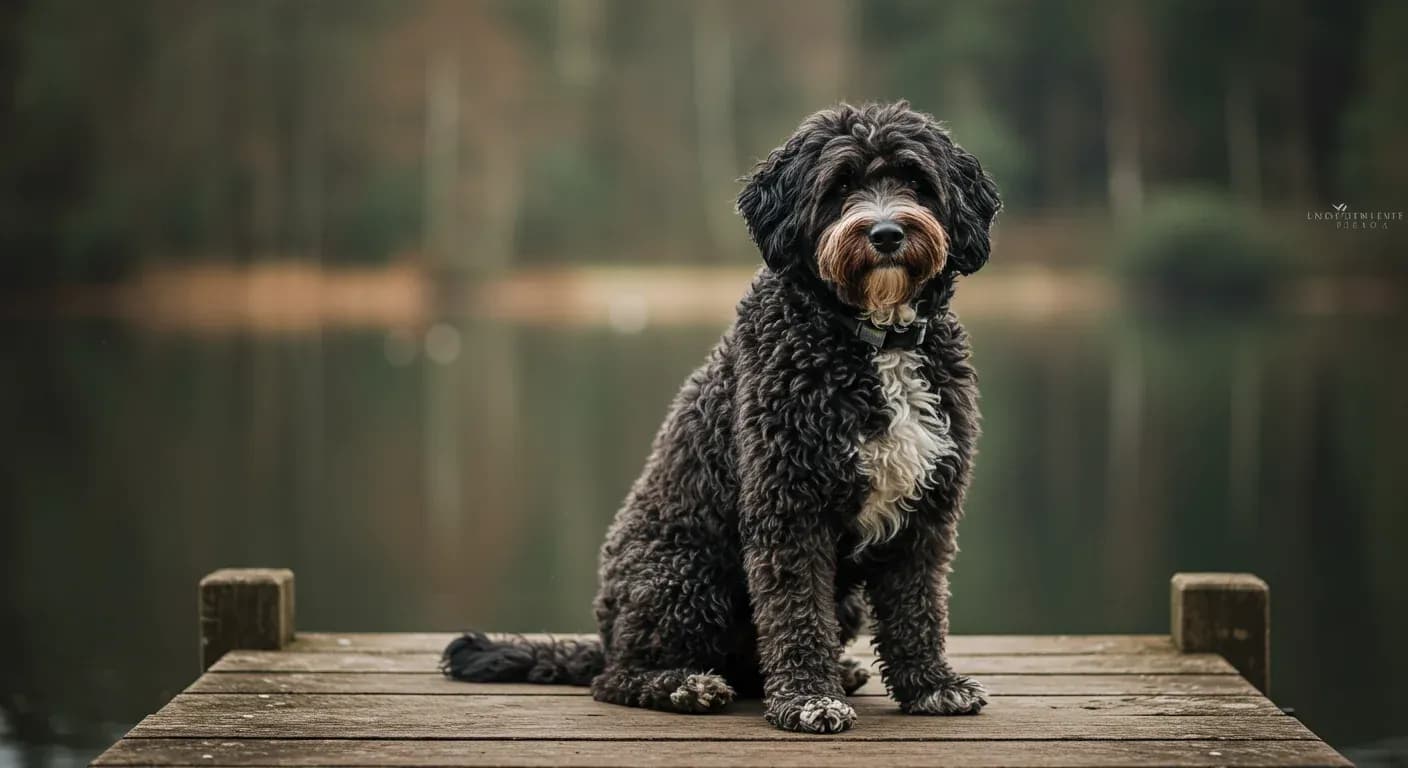 A healthy Portuguese Water Dog sitting on a wooden dock, representing the breed's longevity and connection to water work, with the dog centered in the composition