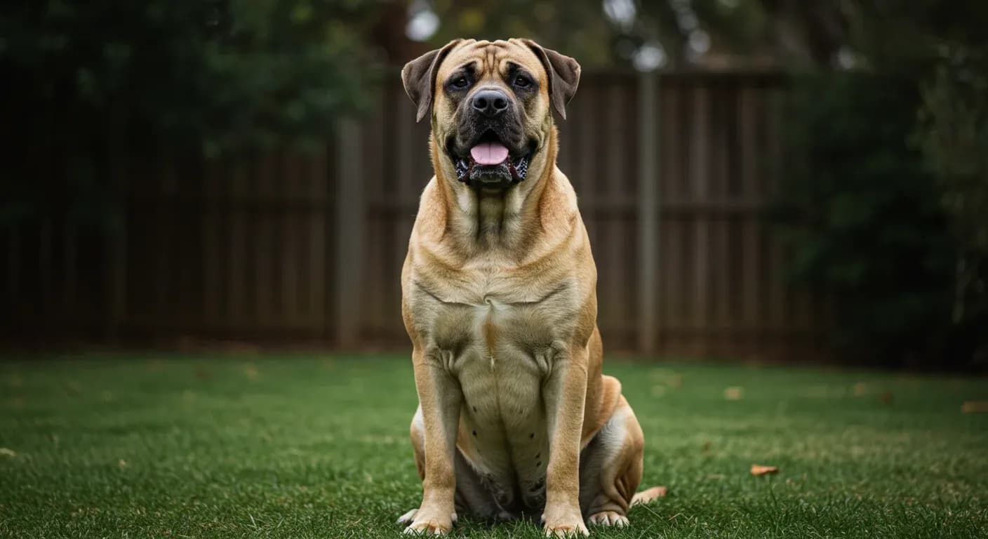 A beautiful adult Mastiff dog sitting peacefully in a backyard, showcasing the breed's gentle giant nature and impressive size, representing the focus on their health and longevity