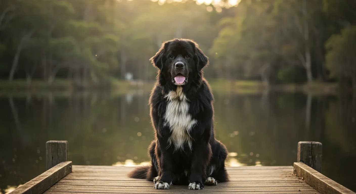 A beautiful black Newfoundland dog sitting peacefully on a lakeside dock, representing the breed's gentle nature and connection to water while symbolizing the importance of understanding their health and lifespan