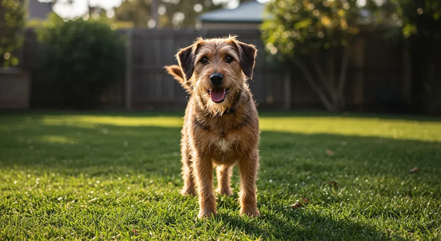 A happy Petit Basset Griffon Vendeen dog with characteristic shaggy coat centered in frame in an Australian backyard, demonstrating the breed's cheerful and alert temperament discussed in the article
