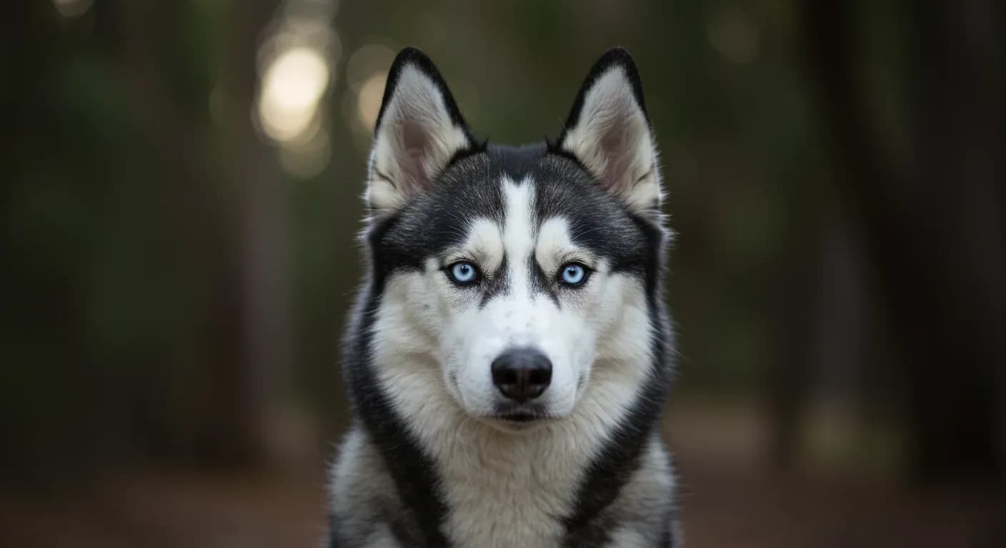 Professional portrait of a Siberian Husky with blue eyes and thick coat, representing the breed's intelligent and independent temperament discussed in the article