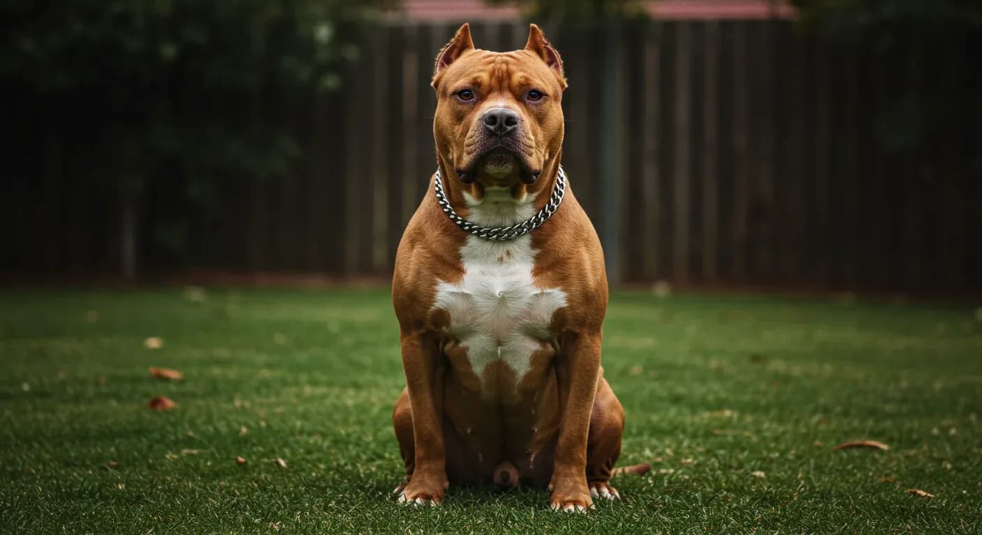 Alert American Bulldog sitting centered in an Australian backyard, showcasing the breed's protective yet gentle temperament with intelligent, watchful expression