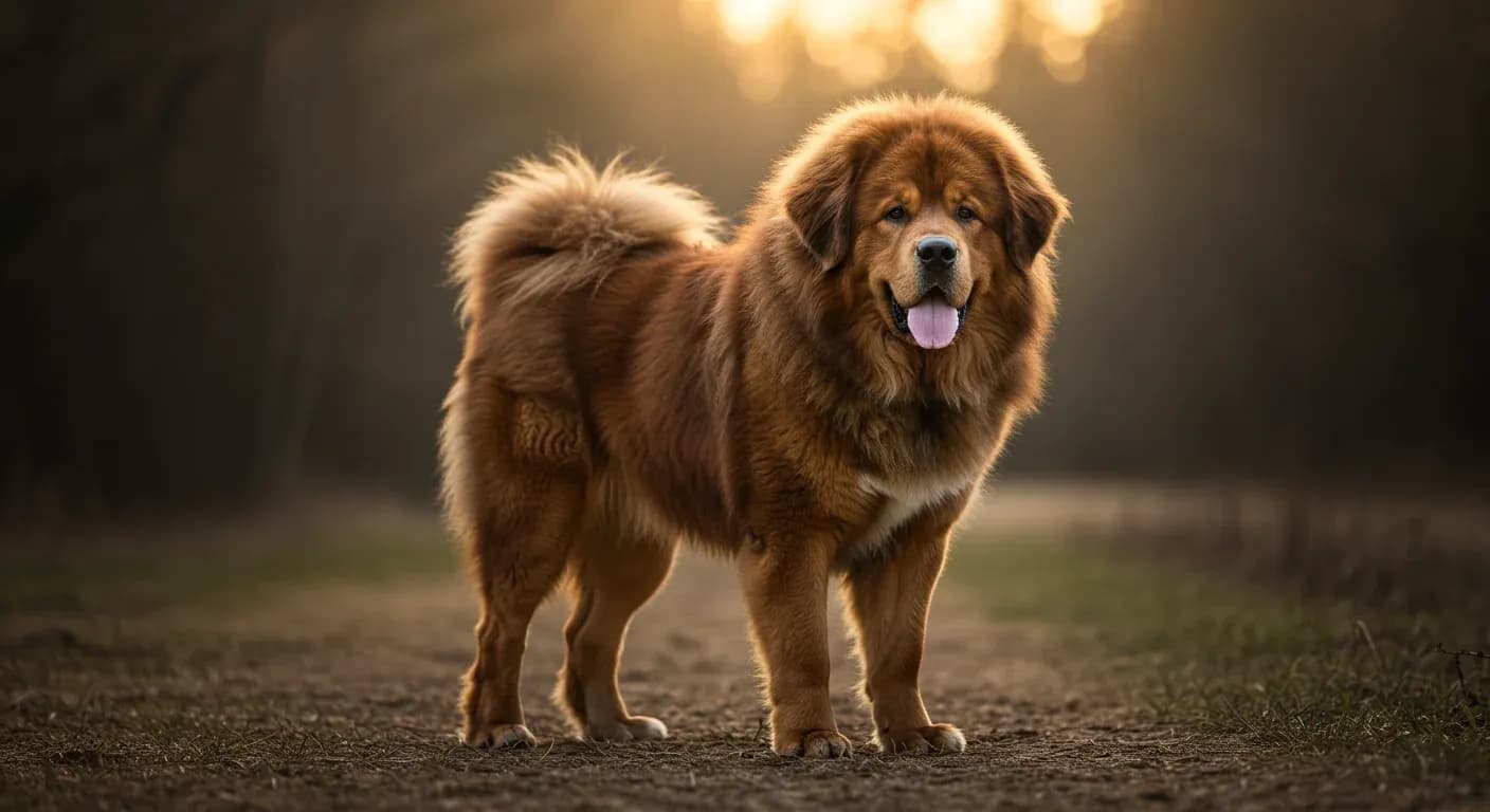 Majestic Tibetan Mastiff with thick coat standing in centered portrait pose, representing the breed's impressive longevity and robust health discussed in the article