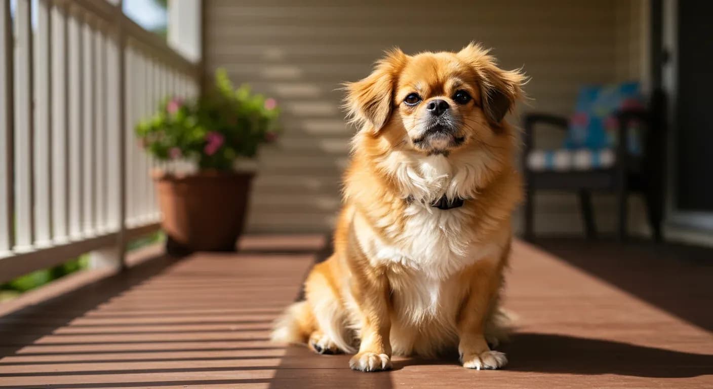 A healthy Tibetan Spaniel sitting centered on a sunny porch, representing the breed's impressive 15+ year lifespan and robust health discussed in the article