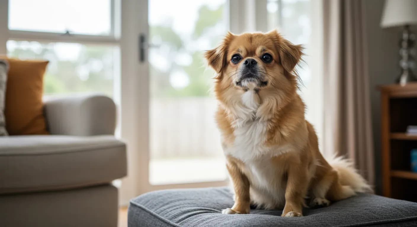 Alert Tibetan Spaniel sitting centered on a cushion in a bright living room, demonstrating the breed's characteristic watchful and intelligent temperament discussed in the article