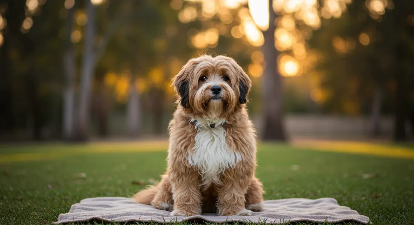 A Tibetan Terrier with long, silky coat sitting centered in an Australian garden, looking directly at the camera with gentle, intelligent eyes, representing the breed's affectionate and thoughtful temperament