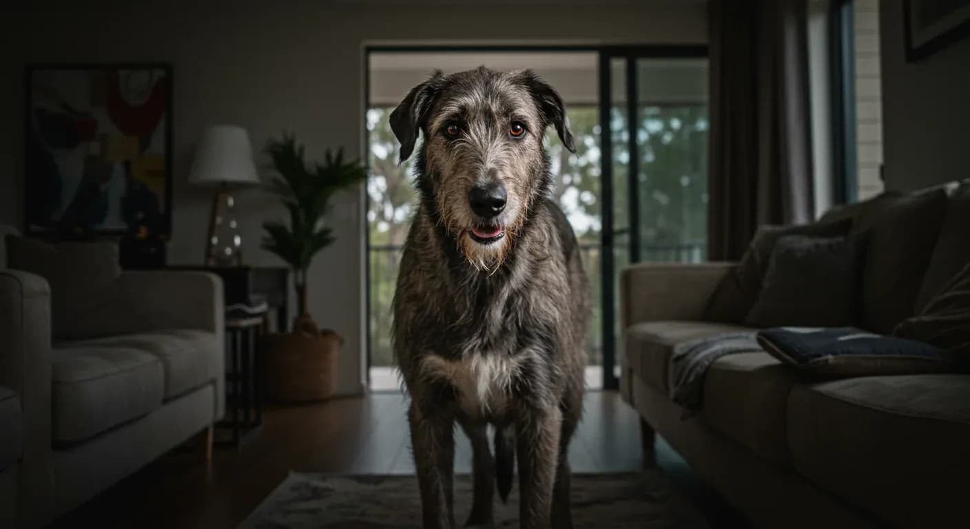 A large Irish Wolfhound standing calmly in a home interior, demonstrating the gentle giant temperament discussed in the article with their careful positioning and serene expression