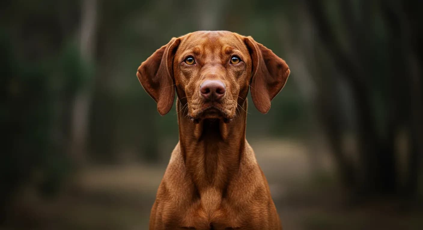 Close-up portrait of a rust-colored Vizsla dog with alert amber eyes and intelligent expression, representing the breed's sensitive and energetic temperament discussed in the article