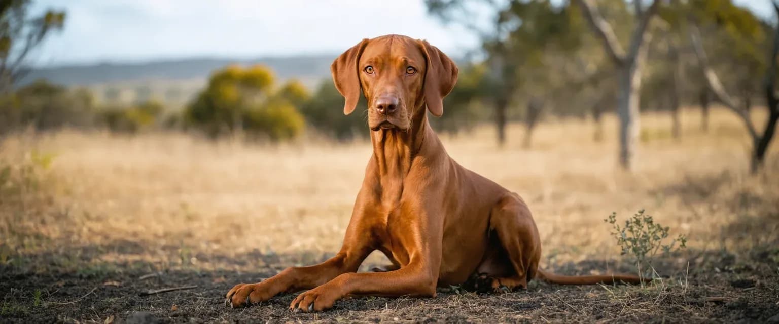 A centered portrait of a rust-colored Vizsla dog with an attentive expression, showcasing the breed's elegant features and intelligent temperament discussed in the article