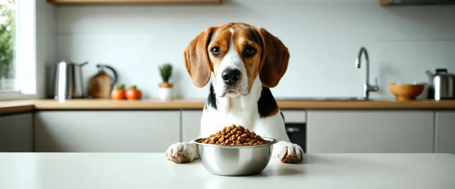 Healthy Beagle sitting at kitchen table with measured portion of kibble in bowl, illustrating proper portion control for the breed