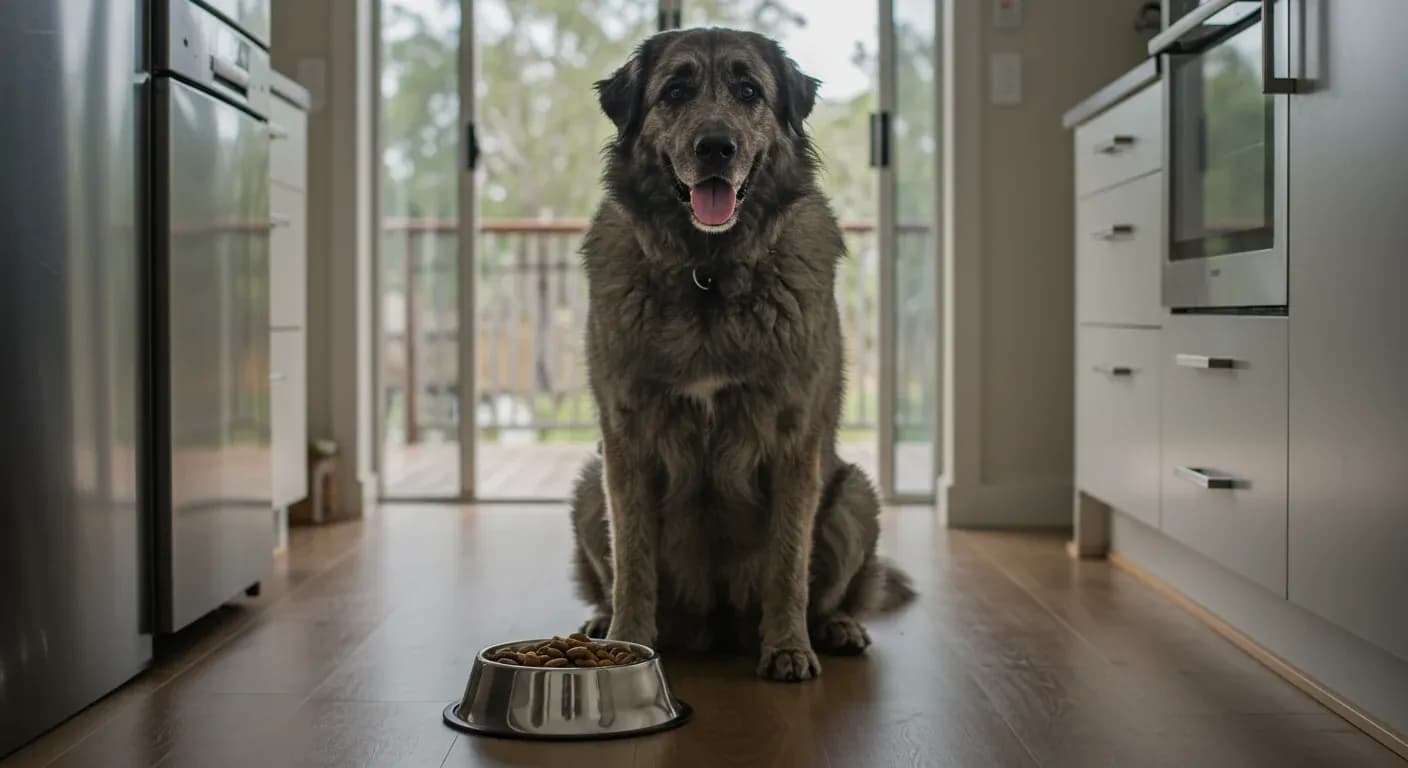 A Bouvier des Flandres dog sitting next to a food bowl in a kitchen, representing the article's focus on proper dietary needs for this breed
