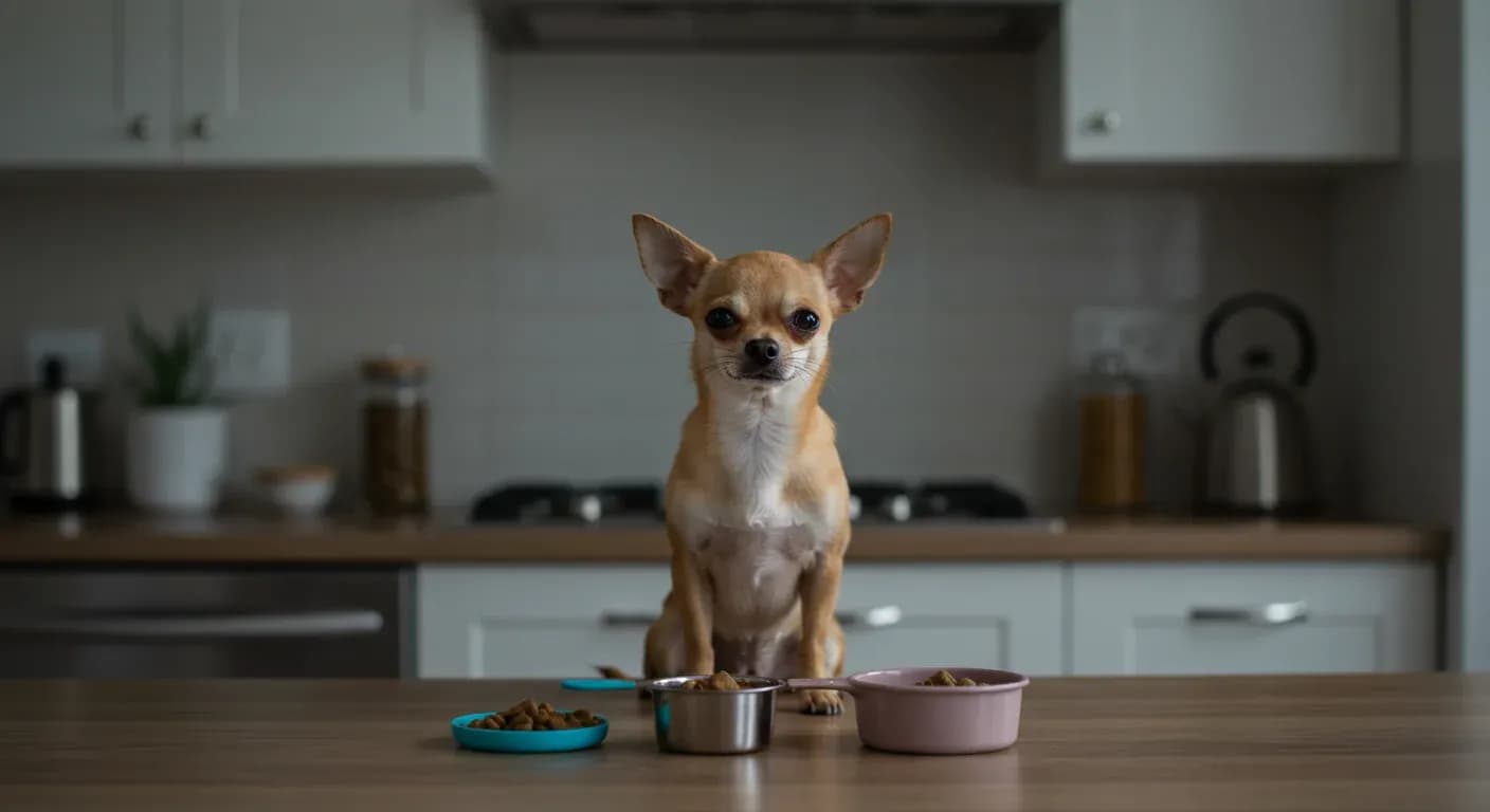 A small Chihuahua sitting at a kitchen counter next to measuring tools and a small food bowl, illustrating the importance of precise portion control for small breed dogs