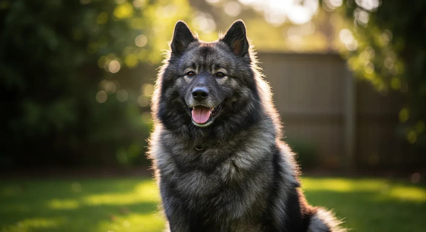 Senior Keeshond dog with thick fluffy coat sitting peacefully in a garden, representing the grace and dignity of aging companion dogs