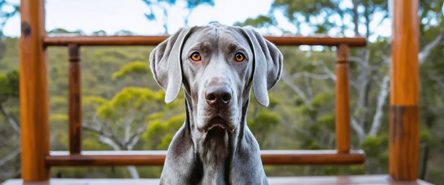 A silver-grey Weimaraner dog sitting alertly on a wooden deck with amber eyes and intelligent expression, representing the breed's distinctive temperament and appearance discussed in the article