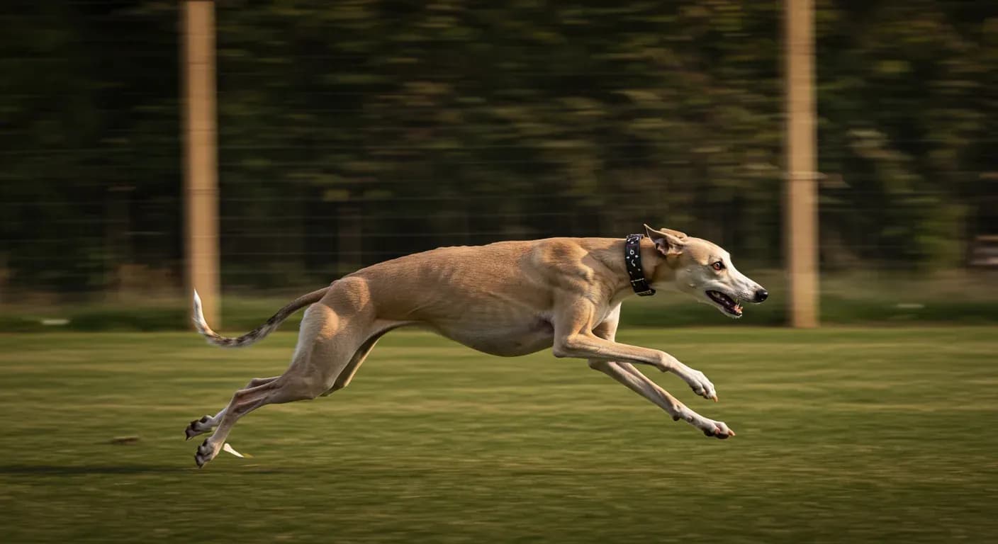 A Whippet running at full speed in a fenced area, demonstrating the breed's natural sprinting ability and exercise needs