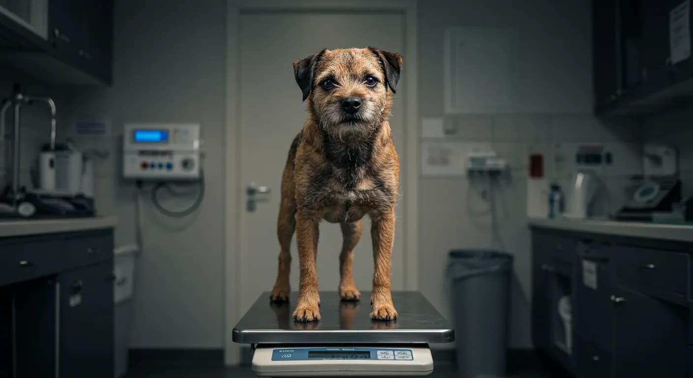 A Border Terrier standing on a veterinary scale demonstrating proper weight assessment, representing the article's focus on ideal weight management for the breed