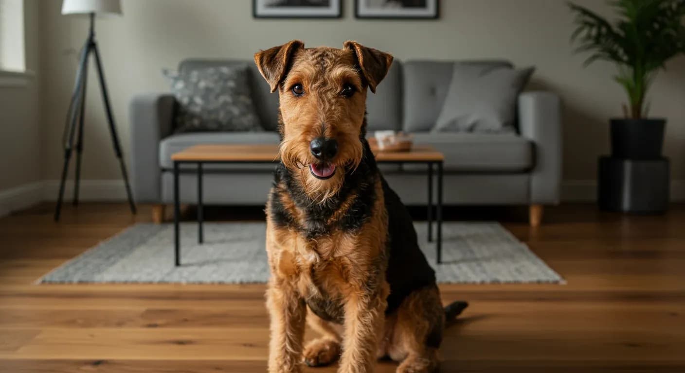 Airedale Terrier sitting in clean living room demonstrating low shedding trait with hair-free furniture