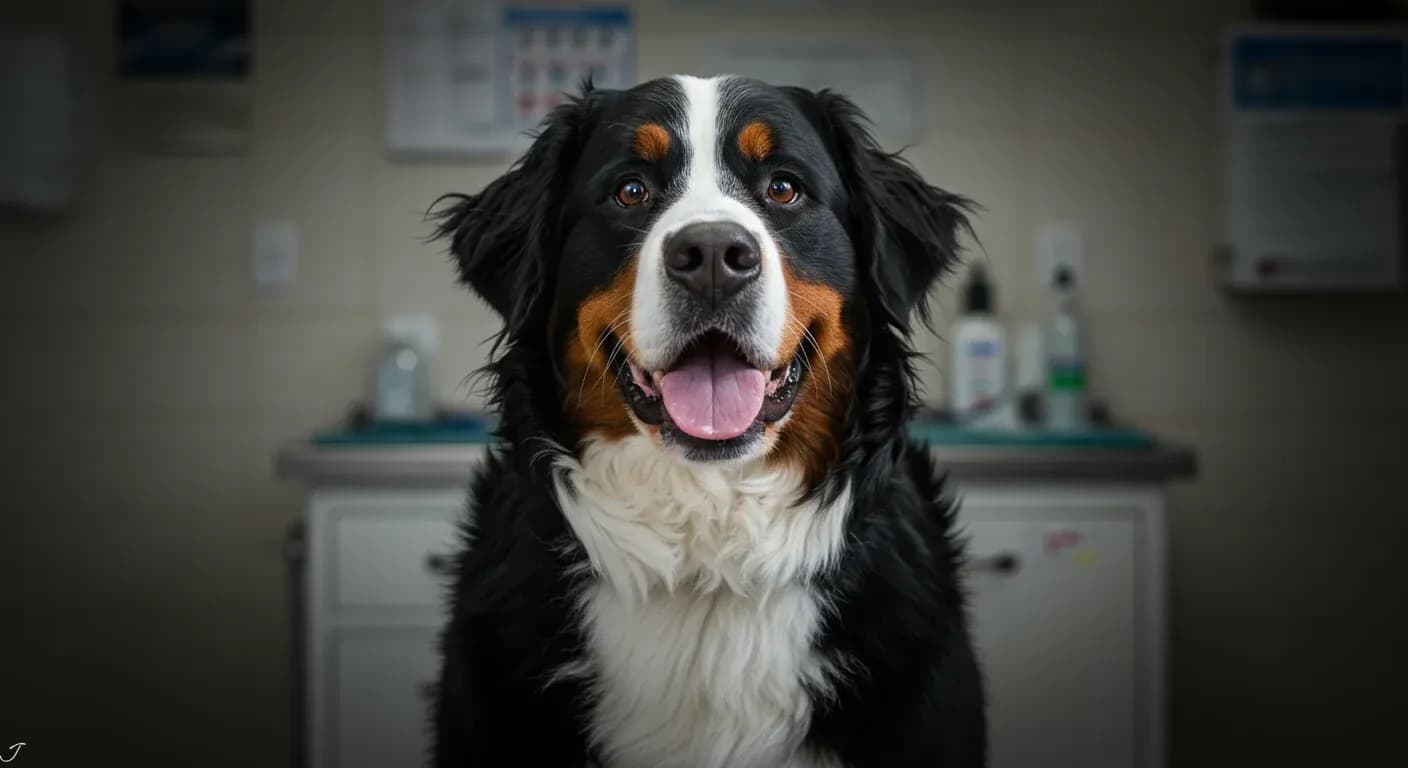 Professional portrait of a healthy Bernese Mountain Dog in a veterinary setting, representing the breed discussed in this cancer awareness article
