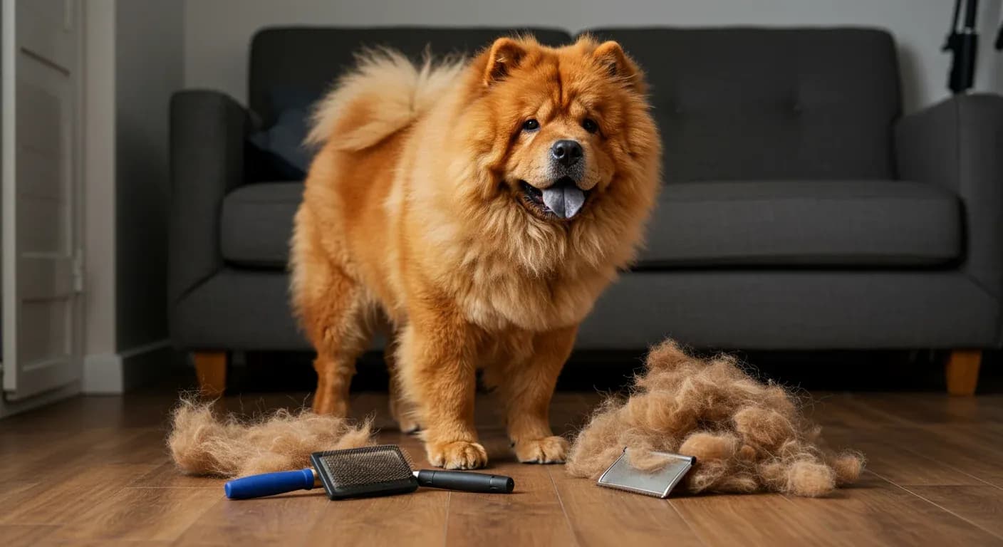 A Chow Chow dog surrounded by shed fur and grooming tools, illustrating the breed's heavy shedding and grooming needs discussed in the article