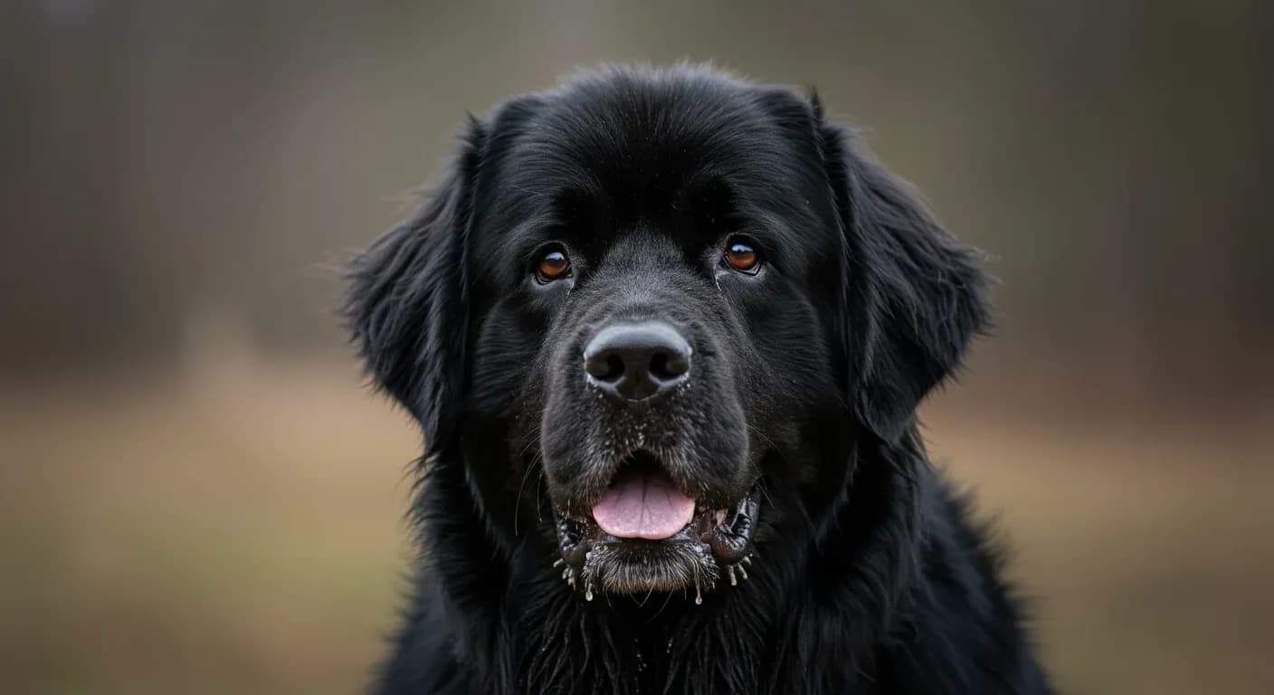 Close-up portrait of a black Newfoundland dog showing the loose lips and jowls that cause excessive drooling, illustrating the main topic of the article about why these dogs drool so much
