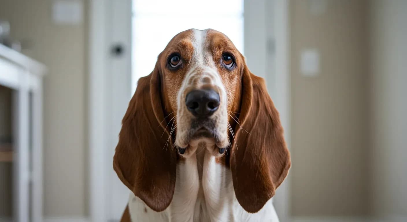 Close-up portrait of a Basset Hound showing the breed's characteristic long ears, wrinkled face, and gentle expression that illustrates the article's discussion about their unique physical traits and odor management