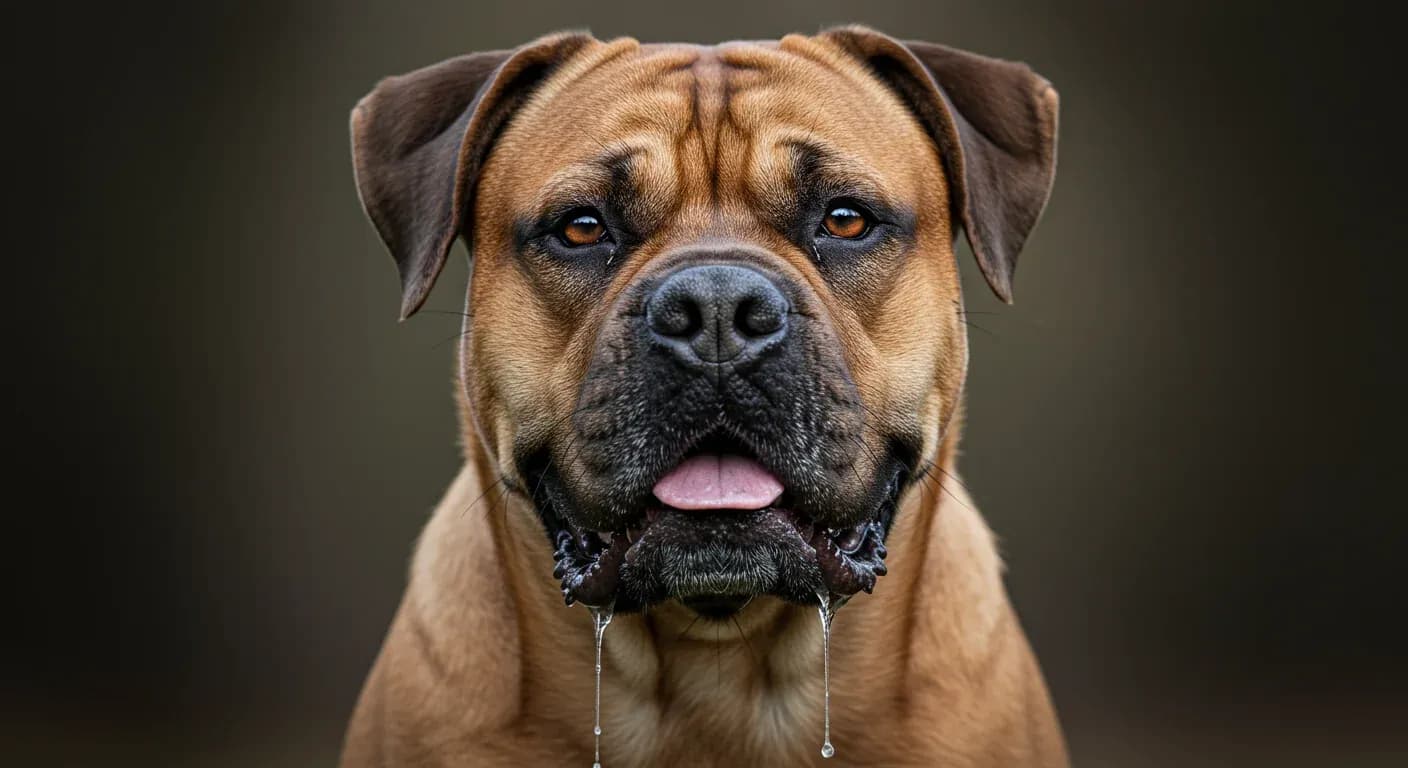 Close-up portrait of a Bullmastiff showing natural drooling with saliva strands visible from their loose jowls, illustrating the breed's characteristic drooling tendency discussed in the article