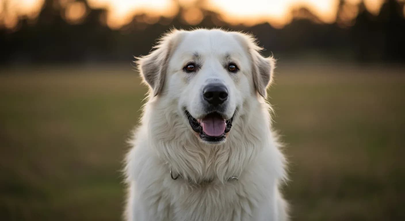 A beautiful white Great Pyrenees dog centered in the frame, captured mid-bark with alert expression, representing the breed's natural vocal and protective nature discussed in the article
