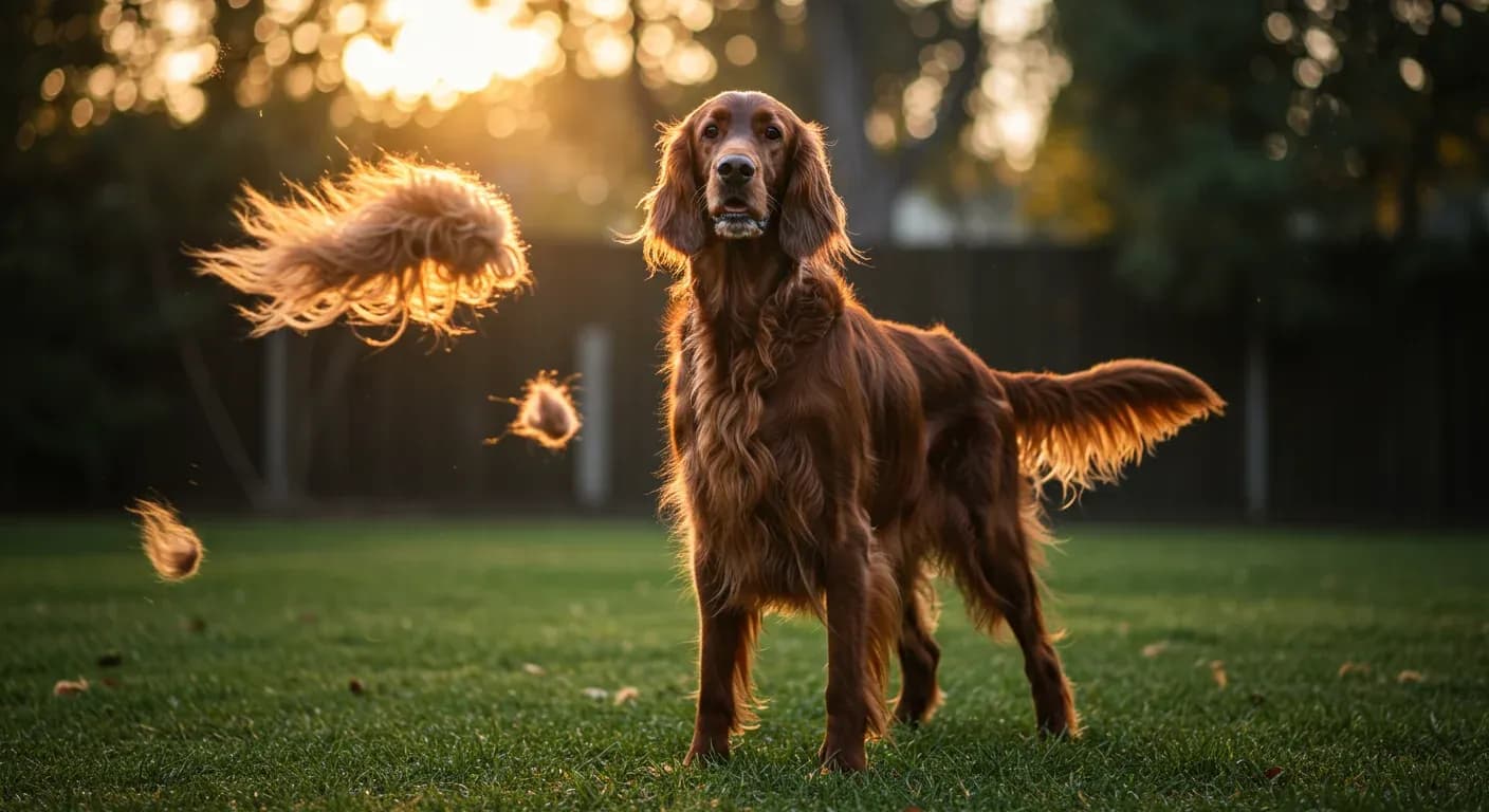 Irish Setter with flowing coat showing natural shedding with loose fur visible in the air, illustrating the article's focus on understanding and managing shedding in this breed