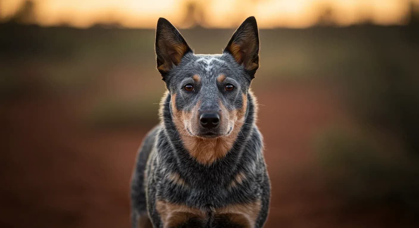 Alert Blue Heeler dog in protective stance showing the breed's natural guardian instincts and intelligent expression