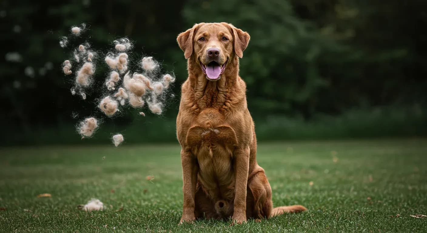 A Chesapeake Bay Retriever sitting outdoors with visible fur shedding around it, illustrating the natural shedding process discussed in the article