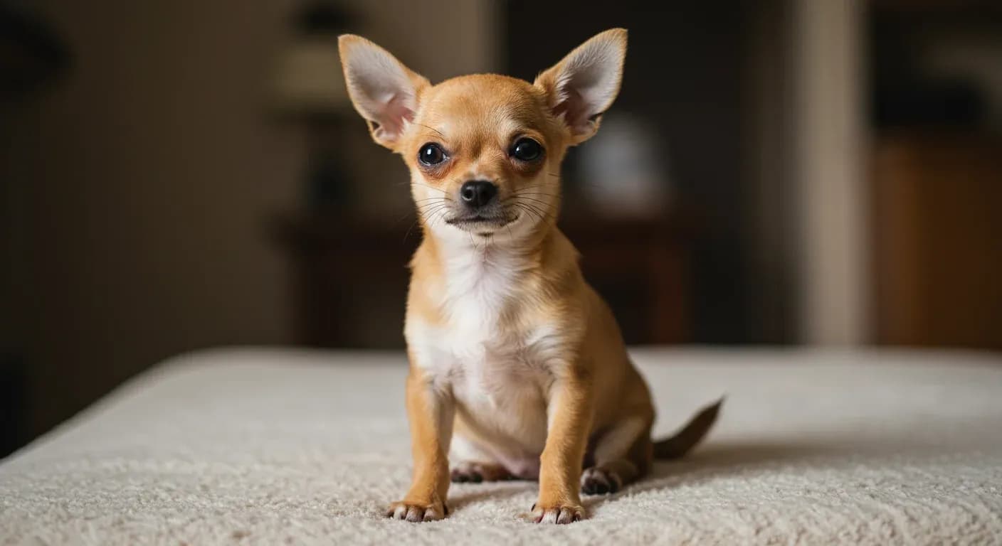 A small Chihuahua dog sitting on a blanket, showing the gentle trembling behavior that's characteristic of the breed, illustrating the article's focus on understanding Chihuahua shaking behavior