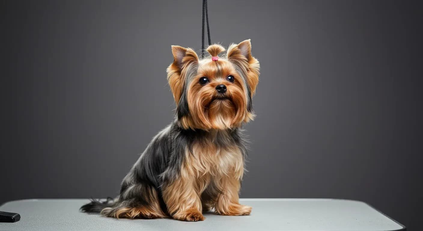 A professionally groomed Yorkshire Terrier with a long, silky Show Cut coat sitting centered on a grooming table, demonstrating the elegant traditional grooming style discussed in the article